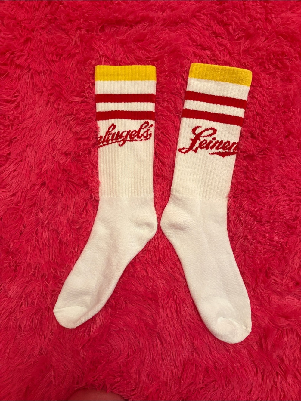 White Crew Socks with Yellow & Red Stripes
